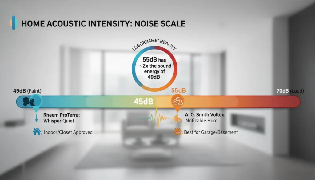 A side-by-side decibel level audit comparing the Rheem ProTerra at 49dB to the A. O. Smith Voltex at 55dB, showing noise intensity relative to common household sounds.