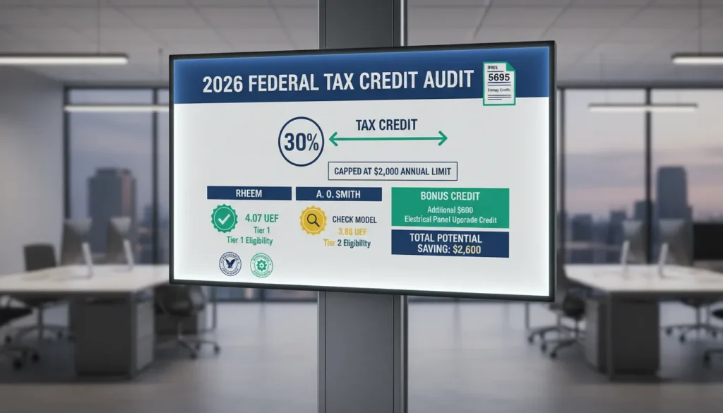 A technical infographic explaining the $2,000 IRS tax credit for heat pump water heaters in 2026, comparing Rheem and A. O. Smith UEF ratings for Form 5695 eligibility.
