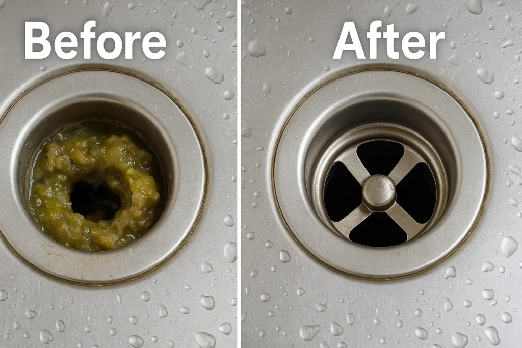 Side-by-side before and after comparison of a kitchen sink drain showing a clogged drain full of debris on the left and a clean, clear, polished drain on the right after professional drain cleaning.
