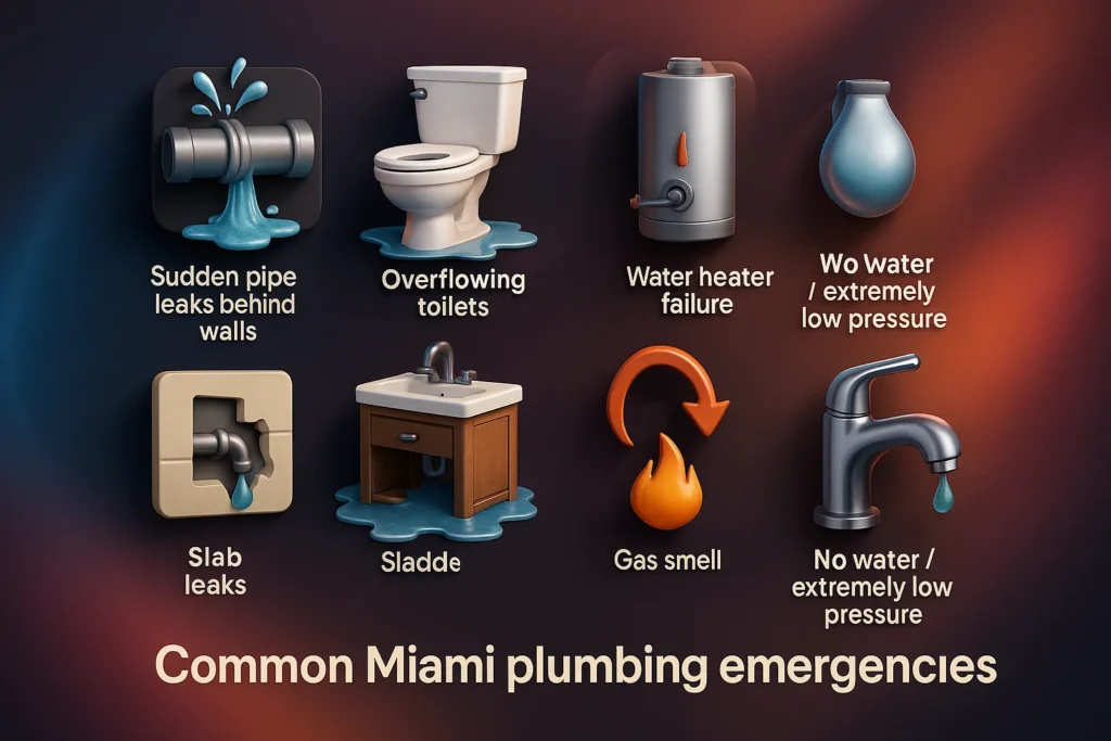 3D illustrated infographic showing common Miami plumbing emergencies including burst pipes, overflowing toilets, pipe leaks behind walls, flooded rooms, sewer backups, water heater failure, slab leaks, gas smell, and low water pressure.
