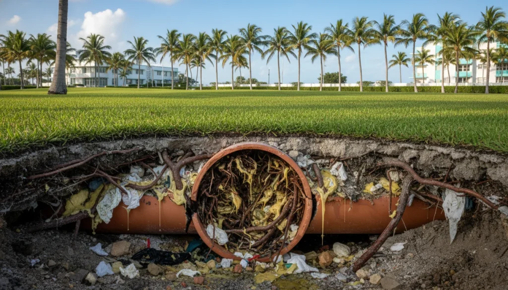 cracked underground sewer pipe clogged with tree roots and grease in a Miami lawn