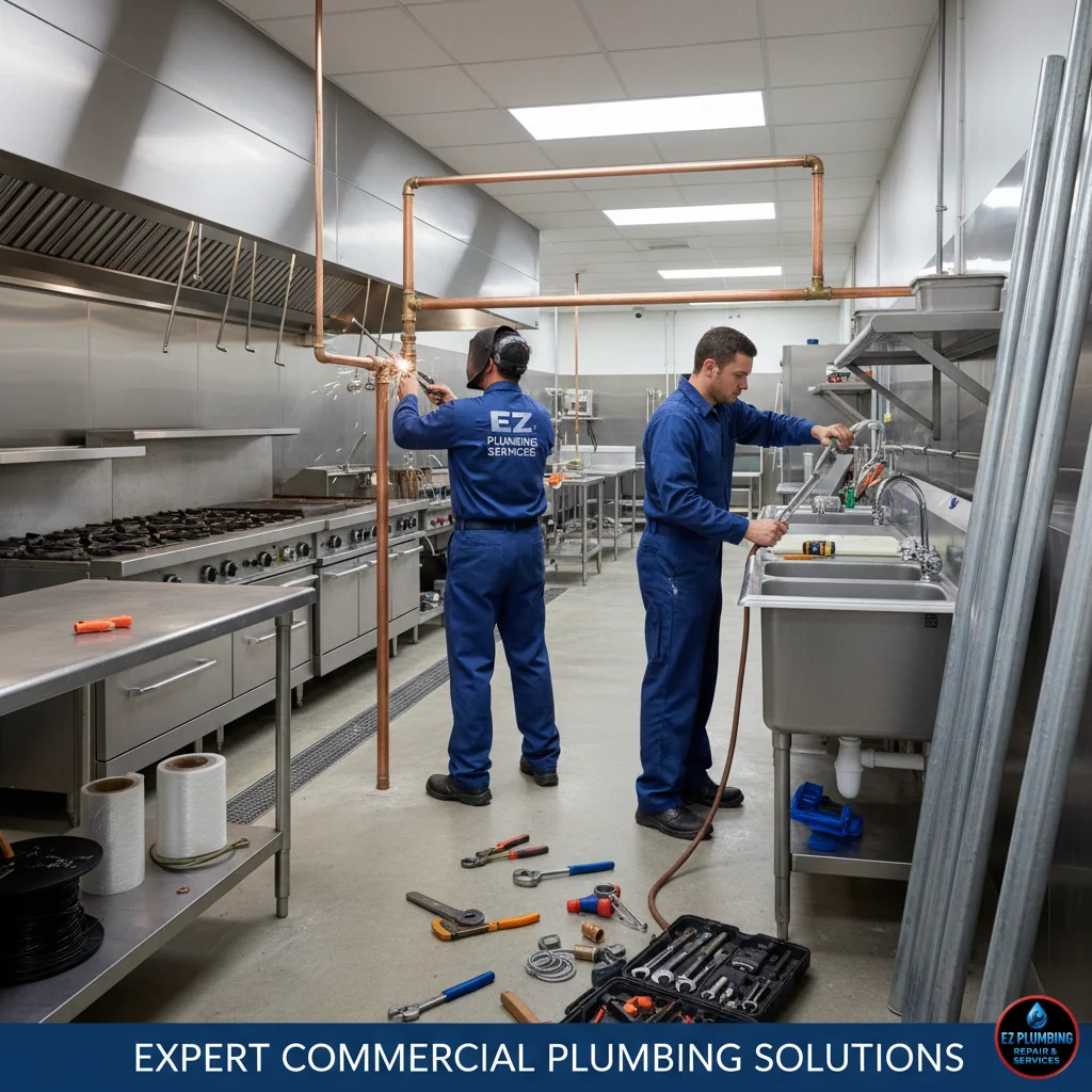 Professional plumbers installing plumbing systems in a commercial kitchen to ensure smooth operation.