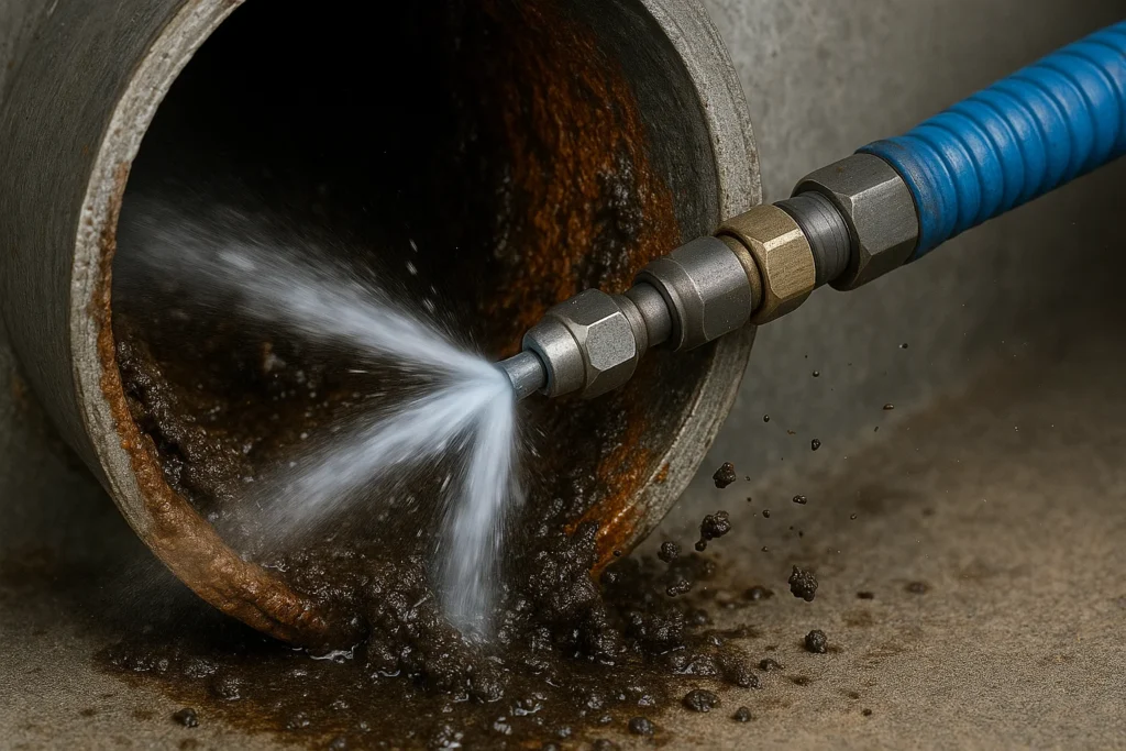 High-pressure hydro jetting water stream cleaning the inside of a drain pipe, removing heavy grease, sludge, and debris, representing professional hydro jetting drain cleaning services in Miami.