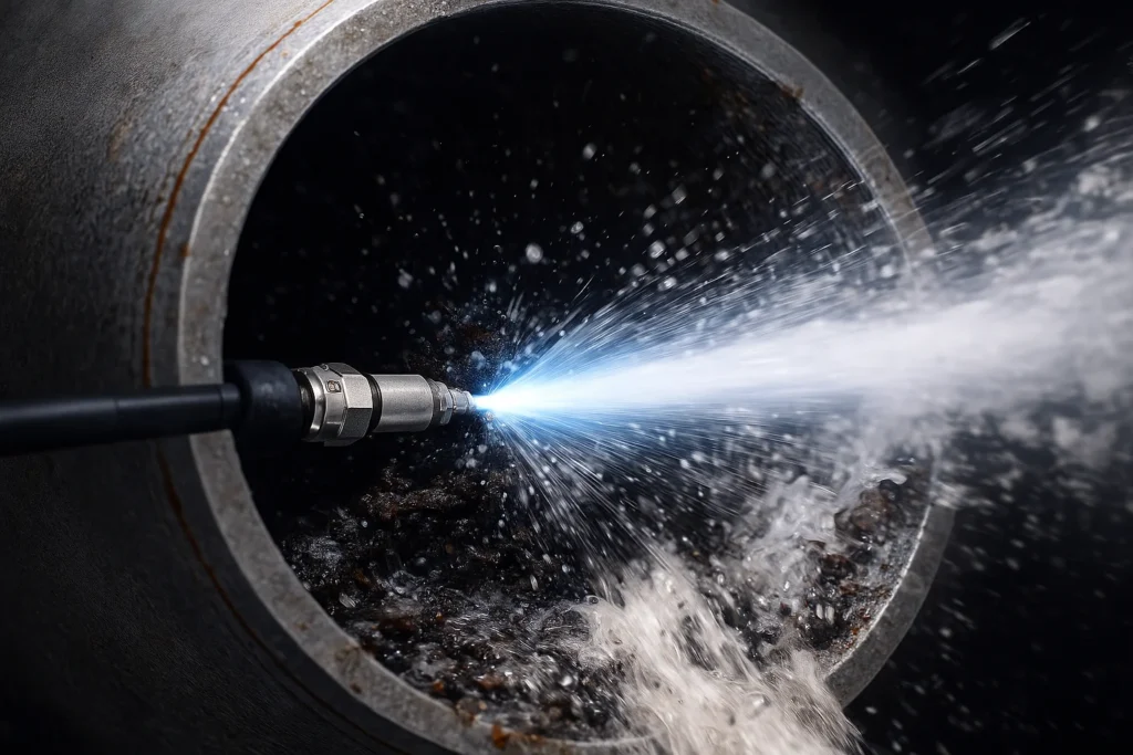 High-pressure hydro jetting equipment cleaning a clogged drain pipe, showing water blasting through buildup and restoring full flow, representing professional hydro jetting drain cleaning in Miami.