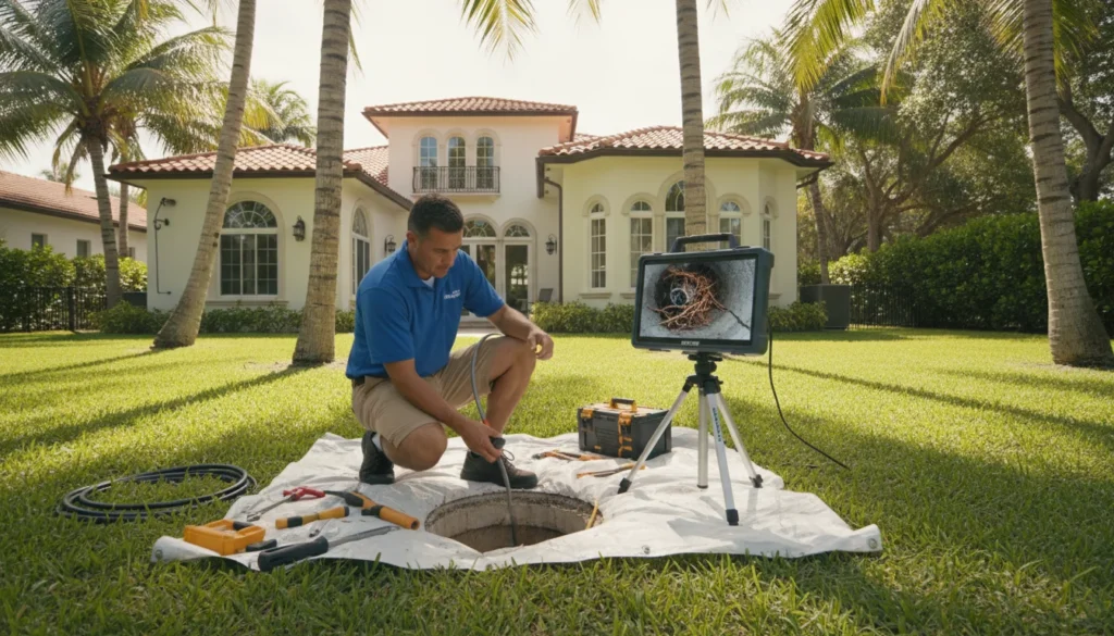 Miami plumber using a sewer inspection camera to diagnose an underground pipe