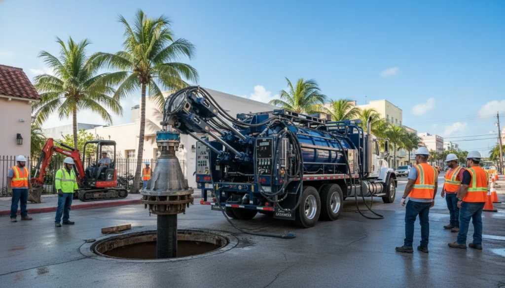 Miami sewer repair crew using a vacuum excavation truck to access an underground sewer line
