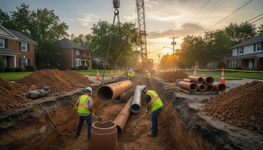 workers installing new sewer pipes during open trench excavation on a residential street