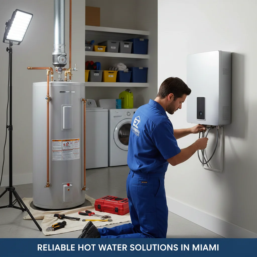 Plumbing technician installing a tankless water heater in a residential home for efficient hot water solutions.