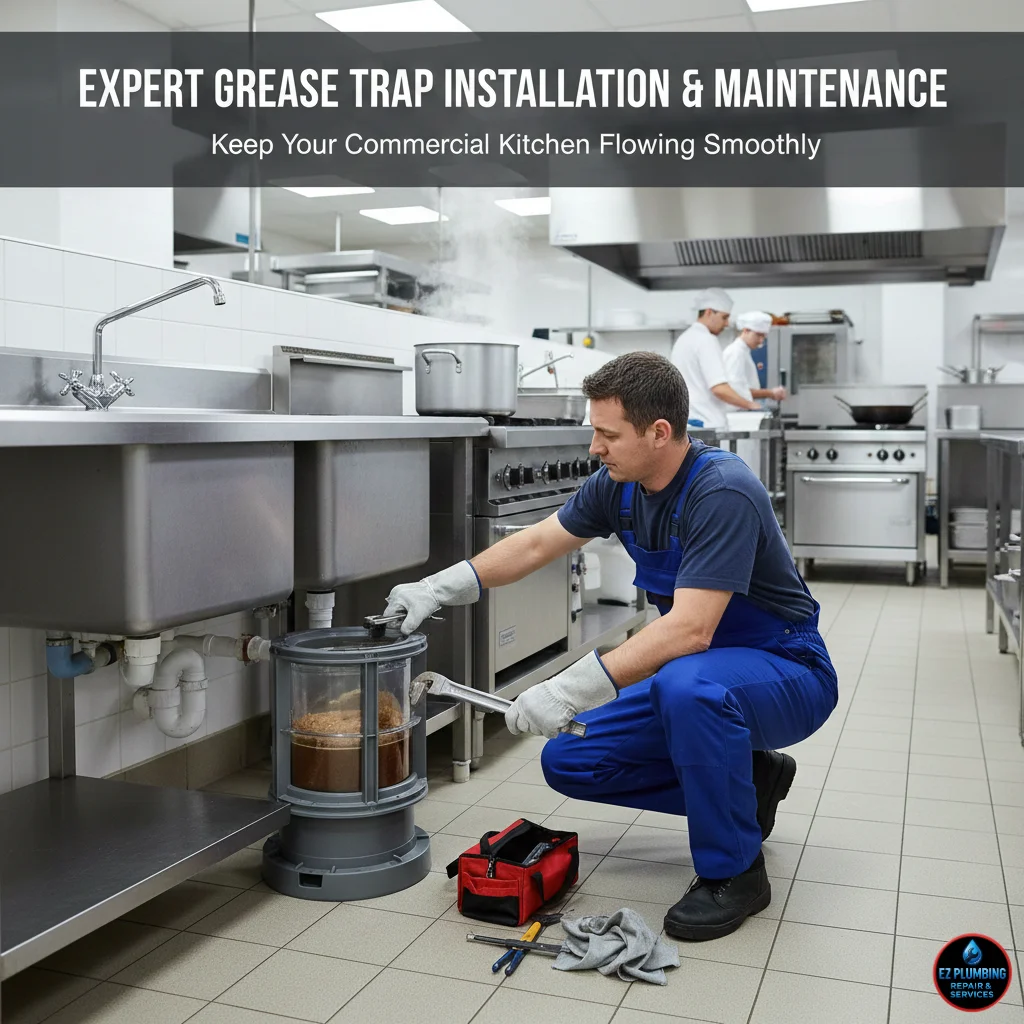Professional plumber performing grease trap installation and maintenance in a commercial kitchen to ensure proper drainage.