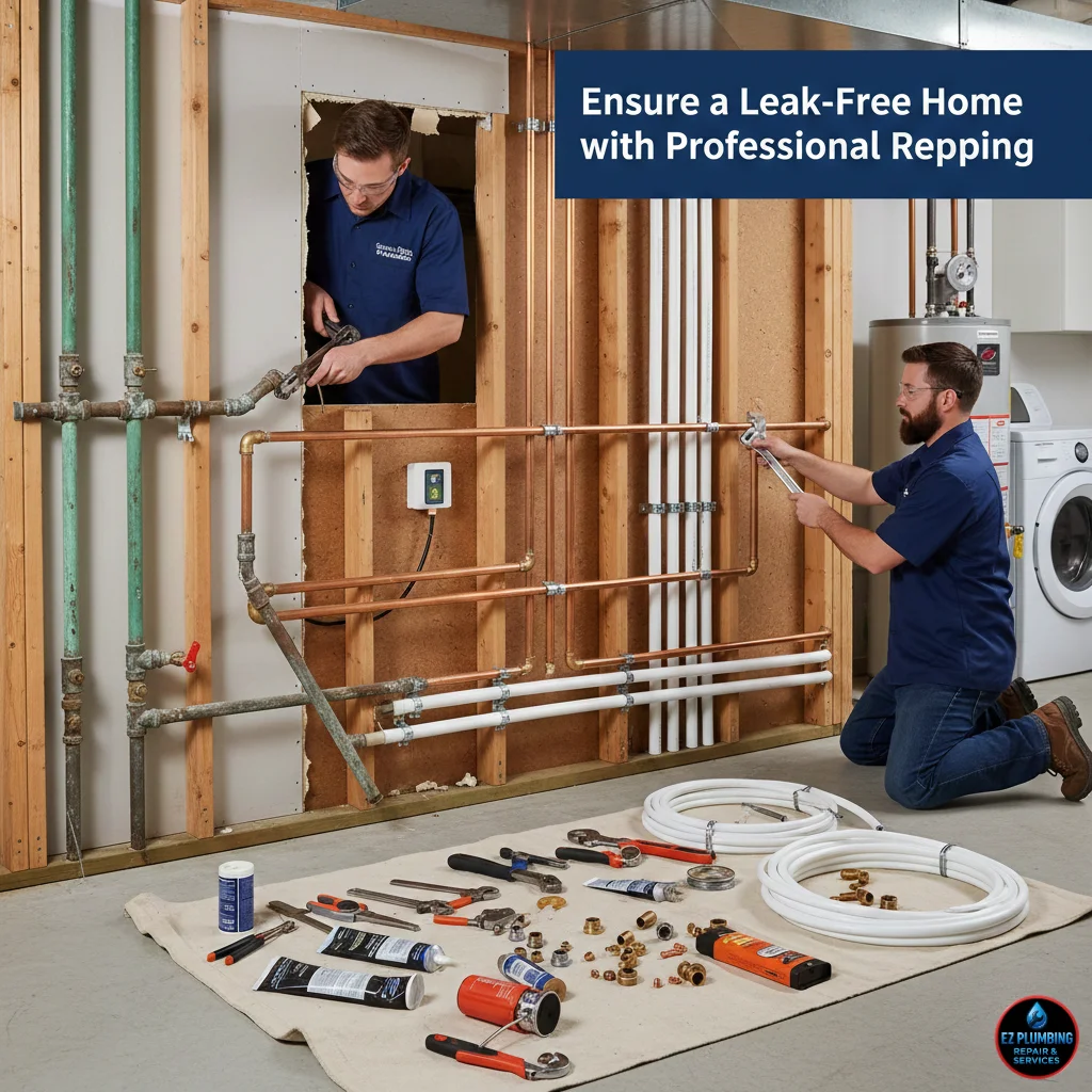 Plumber performing repiping work in a residential home, installing durable pipes for a leak-free system.