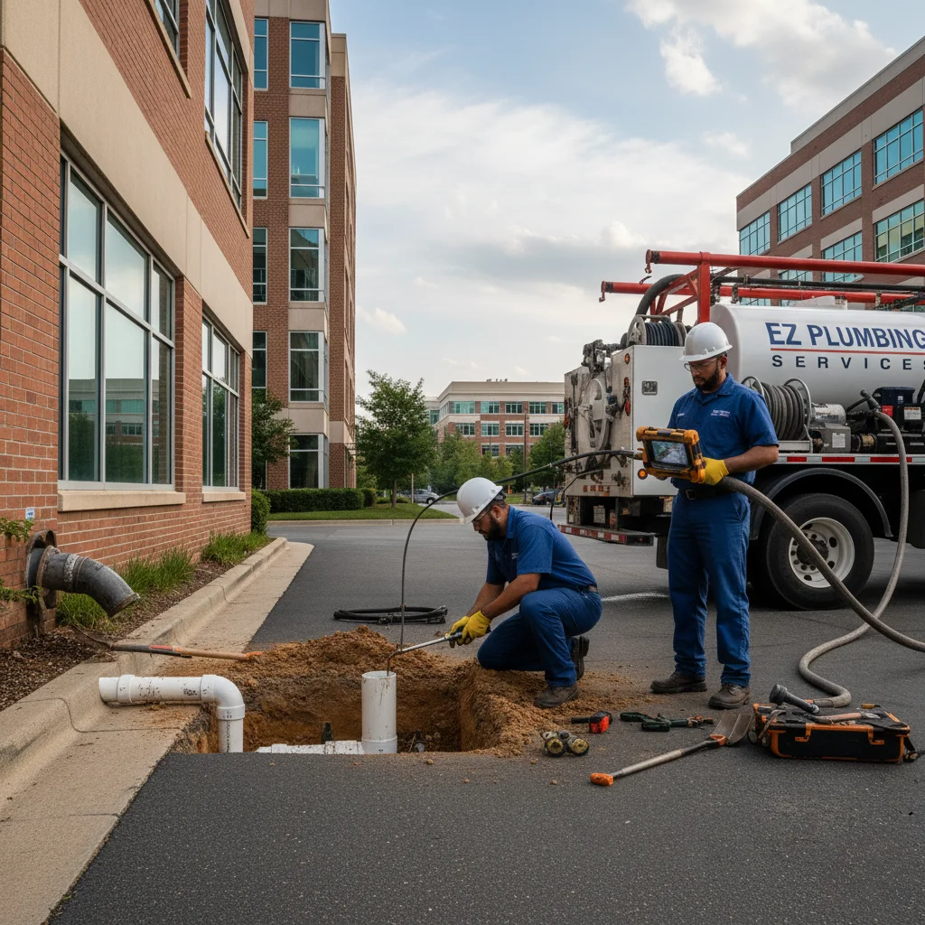 Plumbing technicians performing a sewer line camera inspection to check for blockages and damage.