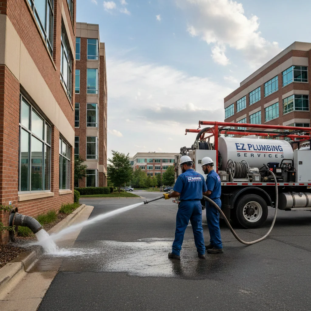 Hydro-jetting service in progress at a commercial property to clear blockages and maintain plumbing systems.
