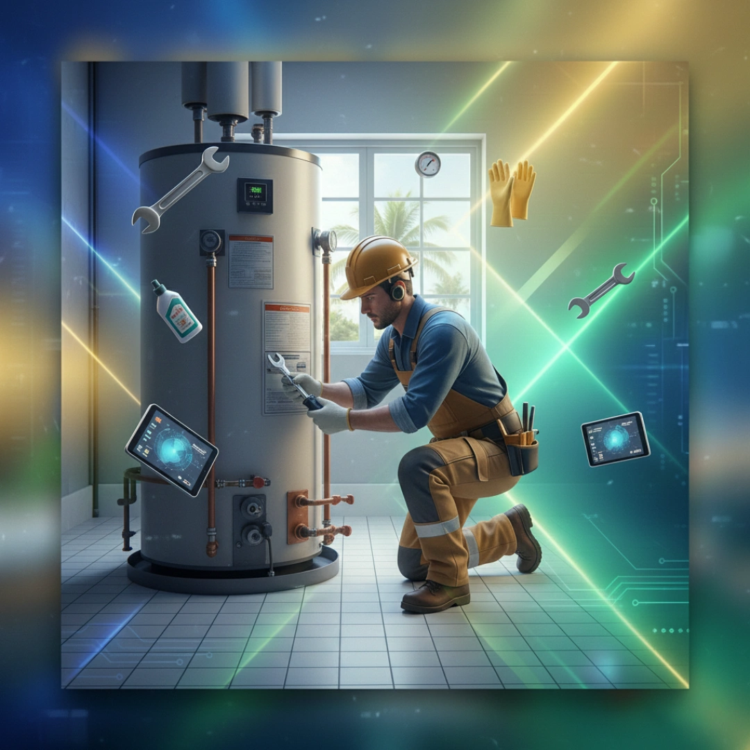 Plumber repairing a traditional water heater in Miami.