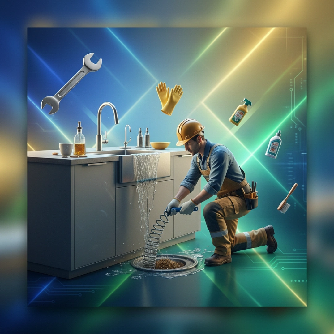 Plumber clearing a kitchen drain in Miami.