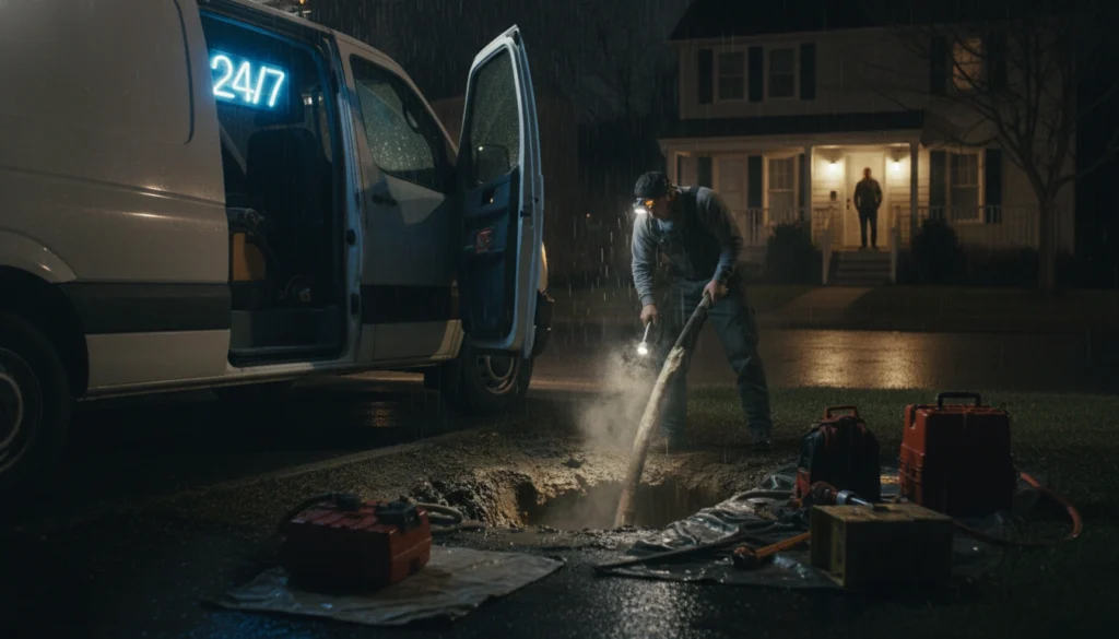 A professional emergency plumber fixing a burst pipe with tools, providing fast 24/7 plumbing services.