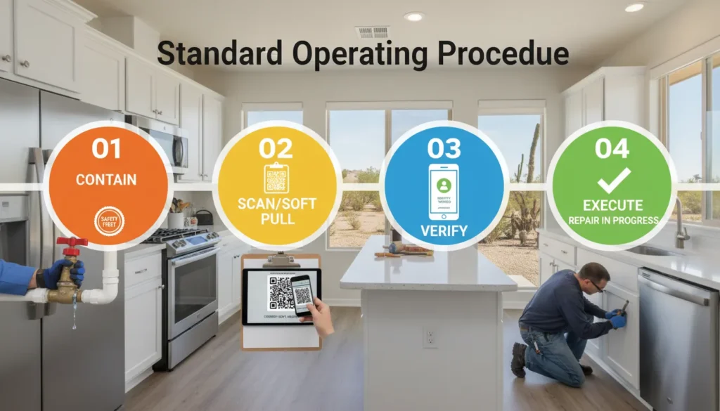 A professional four-step infographic overlaying a real-world photo of a homeowner using a smartphone next to a residential water shut-off valve. Each step clearly illustrates the digital path from stopping a leak to receiving an instant loan approval notification.