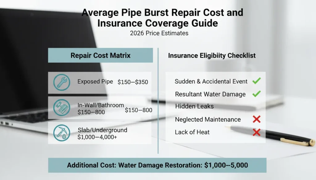 A professional cost comparison table and insurance checklist showing average repair prices for different pipe locations and key factors for homeowner coverage eligibility.