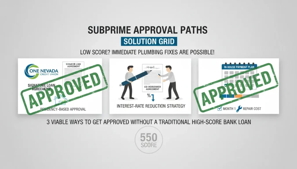 A real-life close-up of a digital credit score meter showing a 'Fair' rating in the 500s range, next to a local Las Vegas Credit Union membership card and a plumbing repair contract. The image signifies that low credit scores are accepted for emergency home repairs.