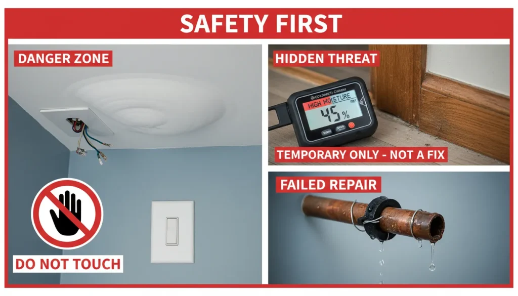 A high-contrast safety graphic showing a bulging water-damaged ceiling near a light fixture and a moisture meter detecting hidden dampness to prevent a burst pipe in house mold growth.