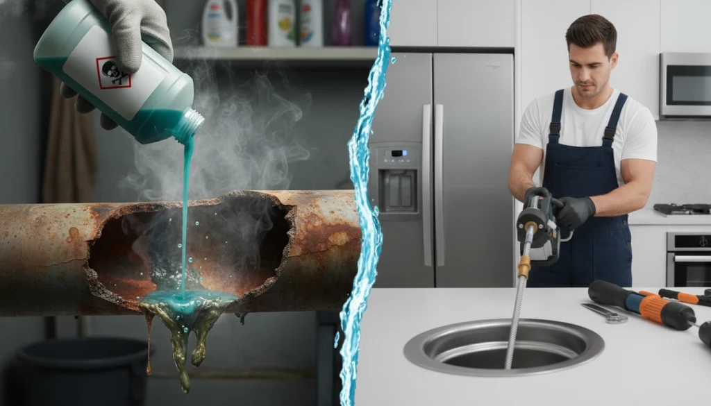 Comparison of chemical drain cleaners vs professional drain cleaning showing safer and more effective plumbing solutions