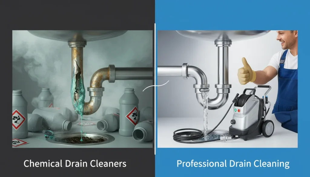 Comparison of chemical drain cleaners vs professional drain cleaning by expert plumbers