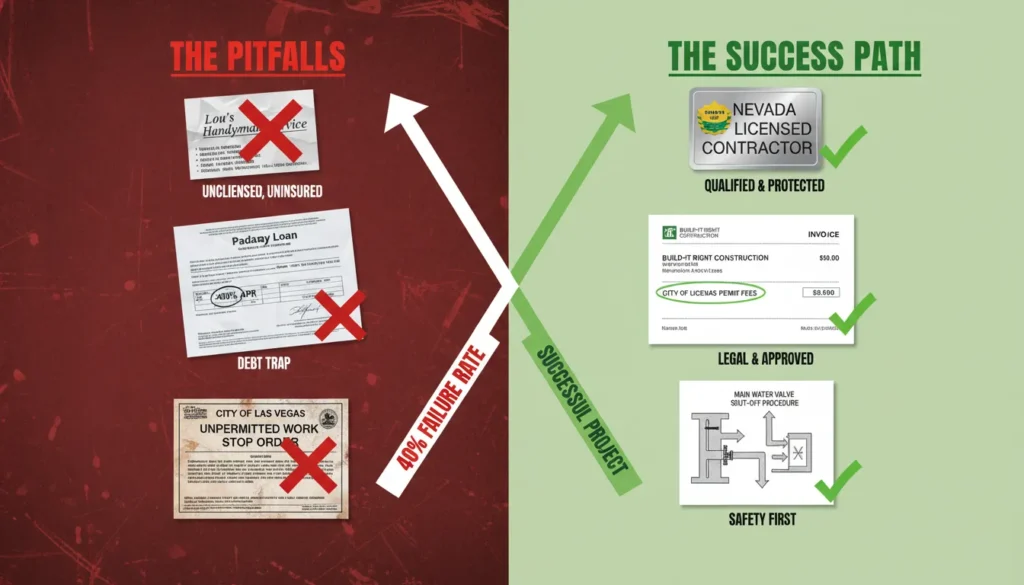 An analytical infographic showing a rejected loan application form on a clipboard next to a residential plumbing permit and a Nevada State Contractor license. Red warning icons highlight missing permits and unlicensed work, while green checkmarks show the correct path to approval.