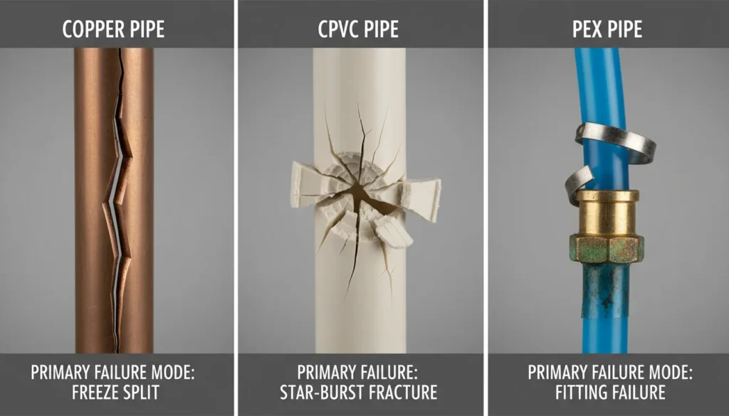 A side-by-side comparison of three plumbing materials: a split copper pipe from freezing, a shattered CPVC joint from high pressure, and a failed PEX fitting with a loose crimp ring to help identify a burst pipe in house.