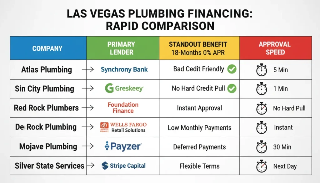 A side-by-side comparison table showing seven leading Las Vegas plumbing companies and their financing partners like Wisetack and GreenSky. The image highlights key features such as approval speed, interest-free periods, and credit score requirements for emergency repairs.