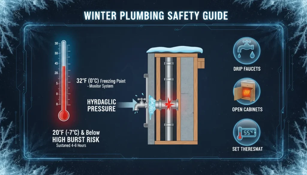 A technical temperature chart showing the 32°F freezing point and the high-risk 20°F pipe burst zone, alongside thermal prevention steps like dripping faucets and open cabinets.