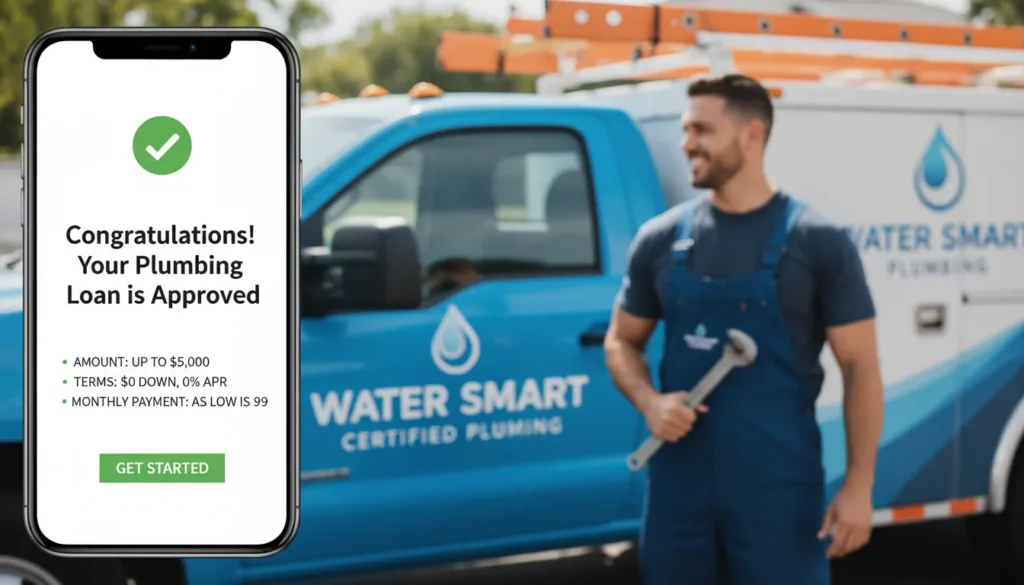 A close-up real-life shot of a homeowner’s hand holding a smartphone, displaying a "Loan Approved" notification from a mobile financing app. In the background, a professional plumber in a uniform stands next to a service van, ready to begin work on a Las Vegas residential property.