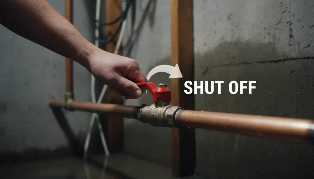 A high-resolution photo showing a homeowner’s hand turning a red circular main water shut-off valve clockwise to stop a burst pipe in house flood.