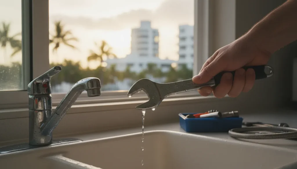 Fast and affordable faucet repair near you in Miami, FL by licensed plumber fixing a leaking faucet