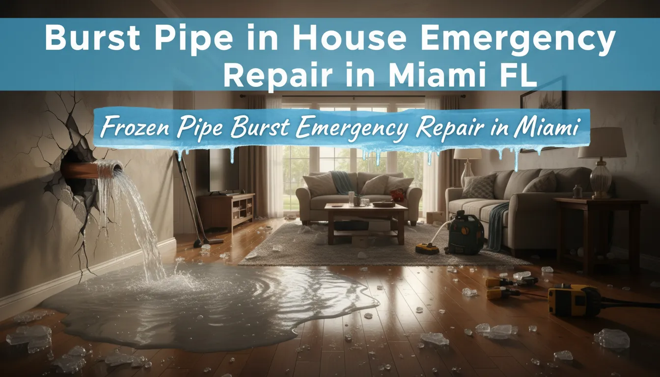 Frozen pipe burst causing water leak inside a Miami home during winter