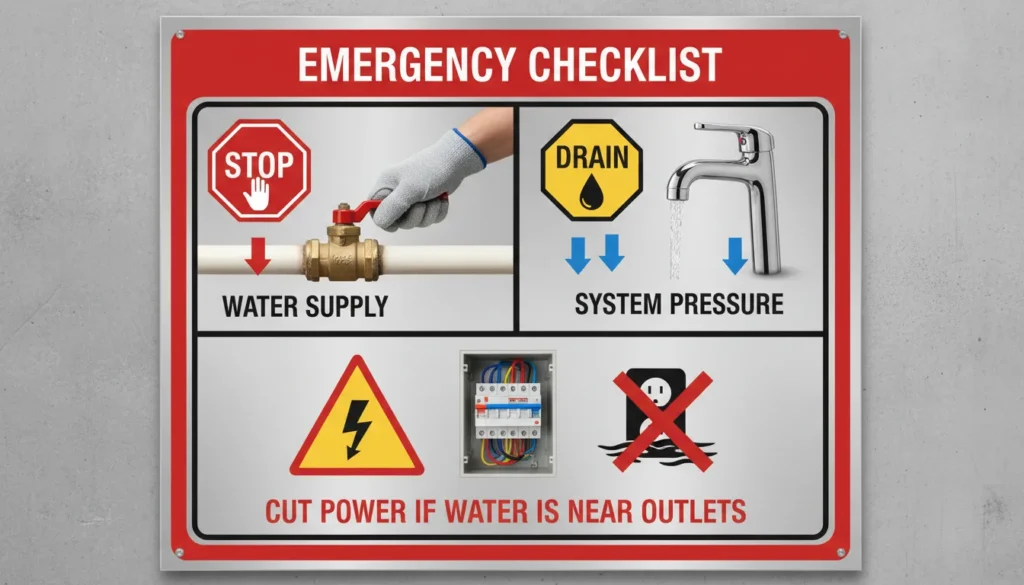 A professional split-screen infographic showing a person closing a main water lever valve and opening a kitchen faucet to drain the system after a burst pipe in house.