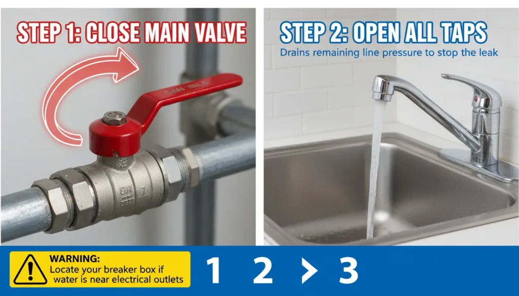 A high-contrast emergency infographic showing a hand turning a main water shut-off valve clockwise and opening a kitchen faucet to drain system pressure during a burst pipe crisis.