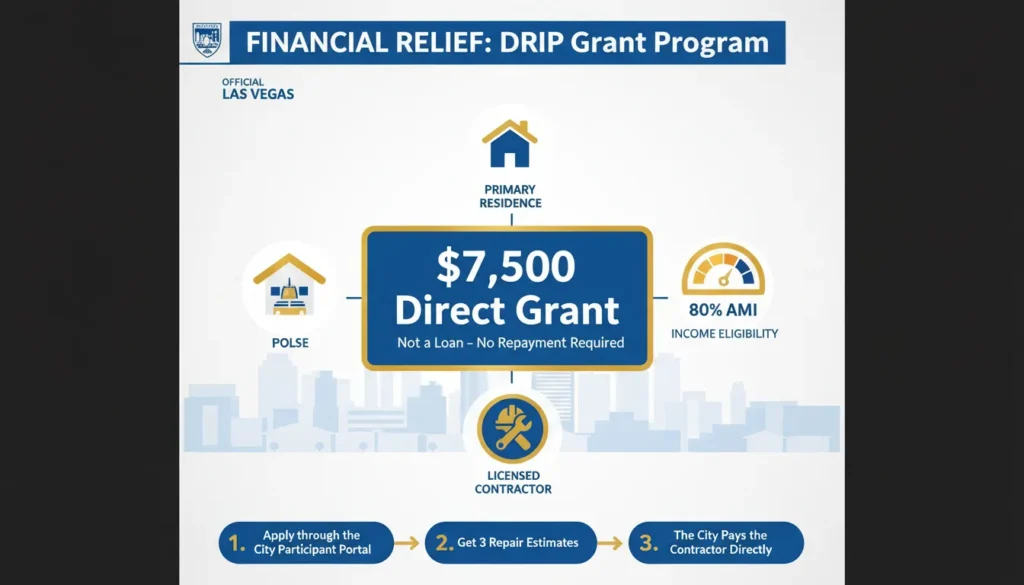 A professional informative graphic showing the City of Las Vegas and LVVWD logos next to a 'Grant Approved' certificate for $7,500. The image includes a background of a residential water meter and a 'Licensed Contractor' seal, representing the official Drip Repair & Intervention Program workflow.