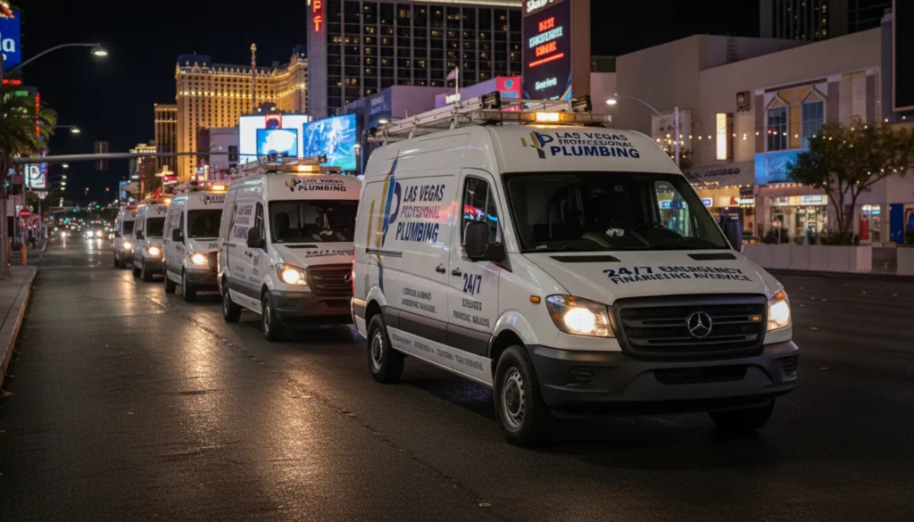 A line of professional, late-night emergency plumbing service vans parked in Las Vegas, representing high industry standards and round-the-clock availability for residential and commercial repairs.