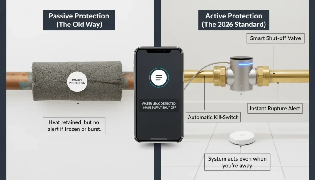 A side-by-side comparison image showing a traditional foam pipe sleeve versus an advanced smart water shut-off valve and an IoT leak sensor placed under a sink.