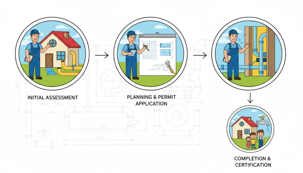 Our licensed plumbing process showing professional plumbers inspecting, repairing and installing plumbing systems