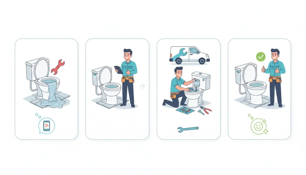 Professional toilet repair service process in Miami, FL by licensed plumber including inspection, repair, and testing