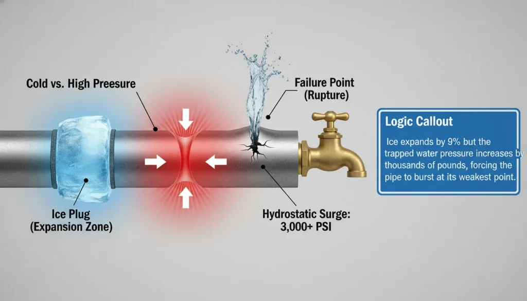 Diagram of a water pipe showing an ice plug and the resulting hydrostatic pressure surge that causes a burst pipe in house plumbing.