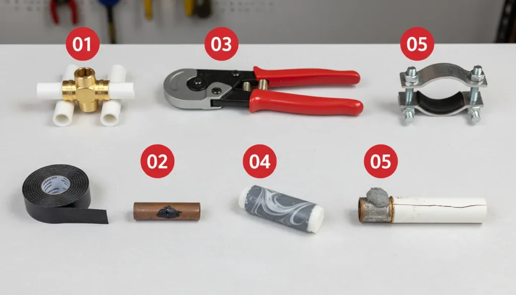 An organized overhead layout of 5 essential DIY pipe repair tools including a SharkBite fitting, self-fusing silicone tape, a pipe cutter, epoxy putty, and a heavy-duty rubber pipe clamp.