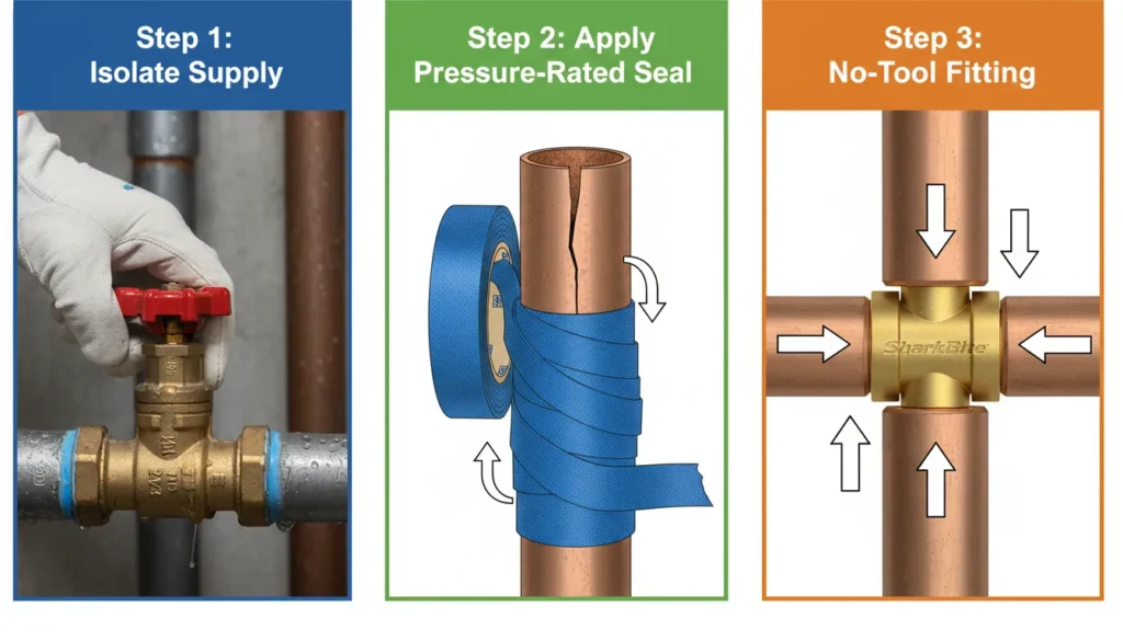 A high-quality collage showing the 3-step process to fix a burst pipe in a house: shutting off the main water valve, applying a temporary patch with silicone tape, and installing a SharkBite permanent fitting.