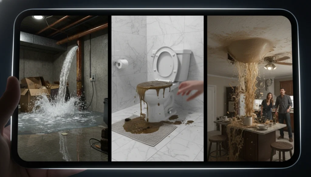 Water leaking from a damaged pipe in a home, showing clear signs that emergency plumbing help is needed immediately.