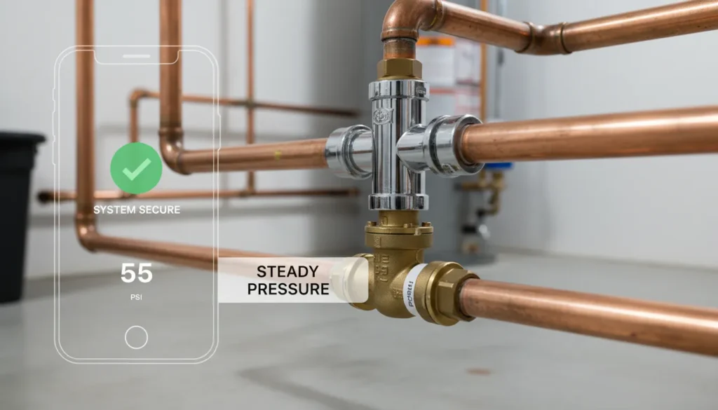 An AI-driven smart water shut-off valve installed on a copper main line with a smartphone app interface showing real-time PSI monitoring to prevent a burst pipe in house.