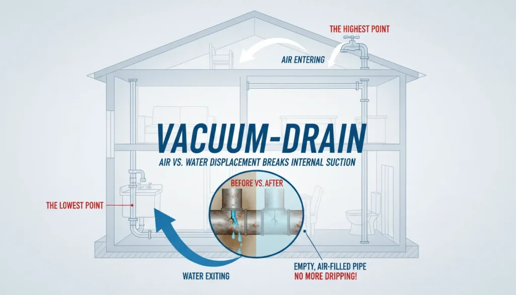 A technical diagram showing the air-displacement process where an upstairs faucet acts as an air intake while a basement faucet drains residual water to stop a burst pipe in house leak.
