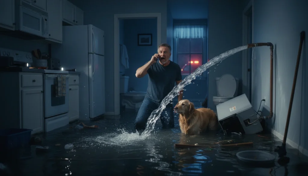 Homeowner calling a 24/7 emergency plumber for urgent plumbing problems