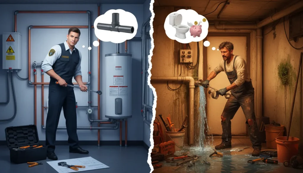 Licensed plumber working professionally while avoiding untrained workers and handymen for safe plumbing services