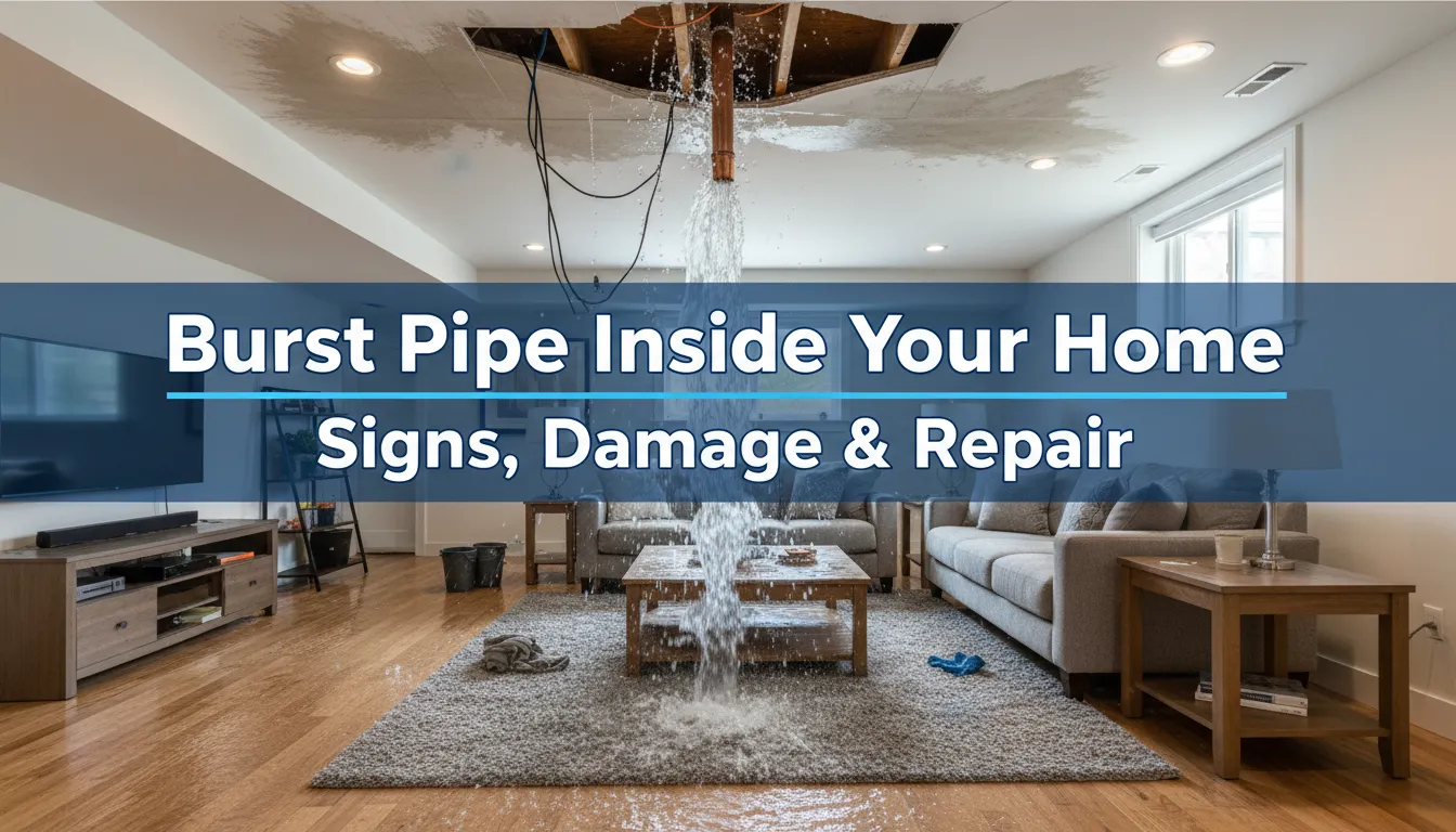 Burst pipe in house causing water damage to walls and flooring