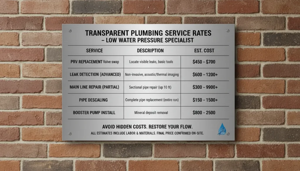 Low water pressure repair cost guide and plumber service charges for 2026